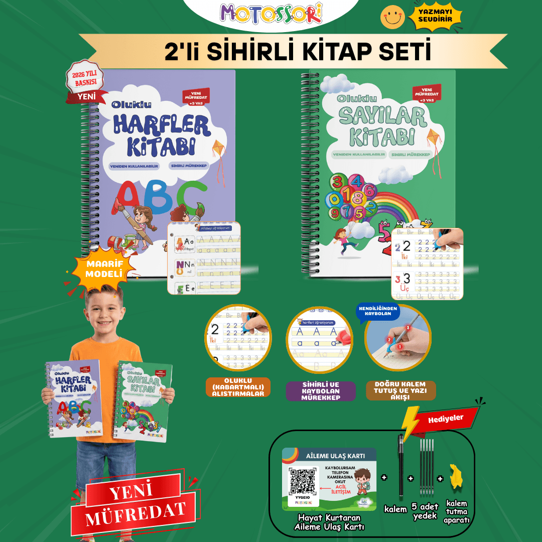 2’li Kitap Seti | Harfleri | Sayıları Öğreten Oluklu (Kabartmalı) | Sihirli Yazı Defterleri | Oluklu Kitap