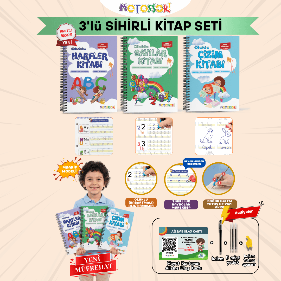 Motossori 3'lü sihirli yazı kitabı seti