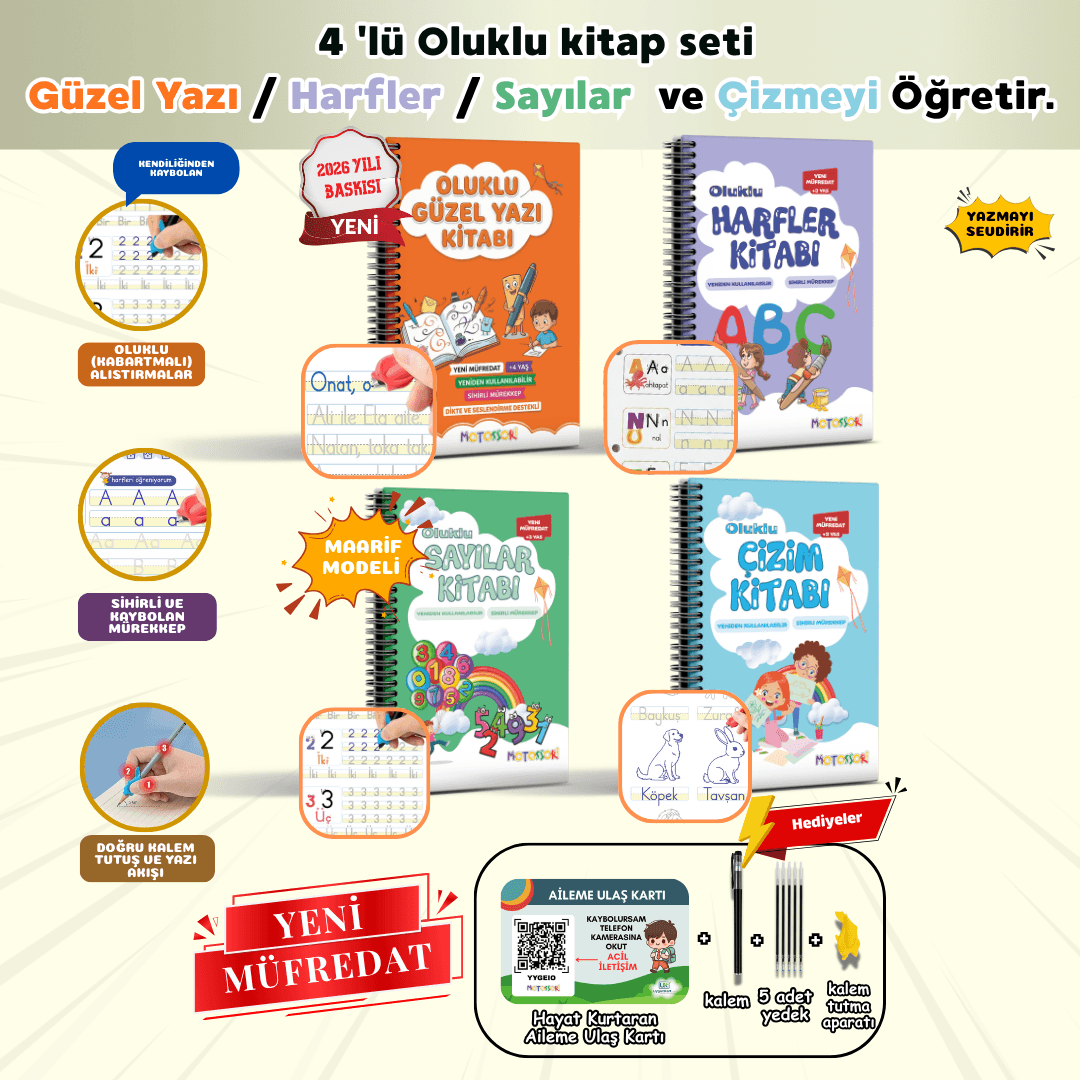4’lü Kitap Seti | Harfleri | Sayıları | Çizmeyi ve Güzel Yazıyı Öğreten Oluklu (Kabartmalı) | Sihirli Yazı Defterleri | Oluklu Kitap