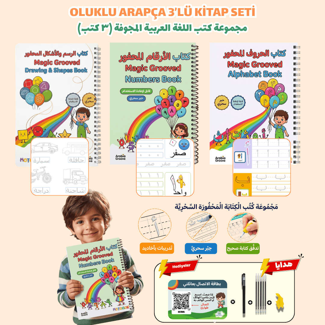Arapça | 3’lü Kitap Seti | Harfleri | Sayıları ve Çizmeyi Öğreten Oluklu (Kabartmalı) | Sihirli Yazı Defterleri | Oluklu Kitap