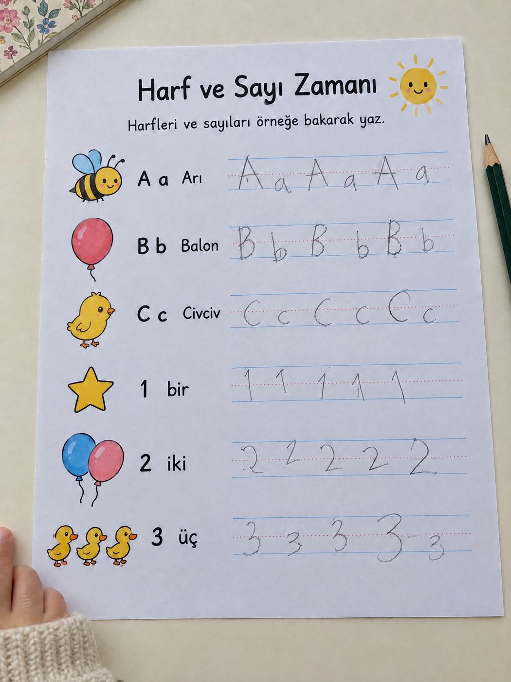 Aynı çalışma kâğıdında kelimelerin kurşun kalemle titrek ve dengesiz yazılmış hâli (örnek görsel)
