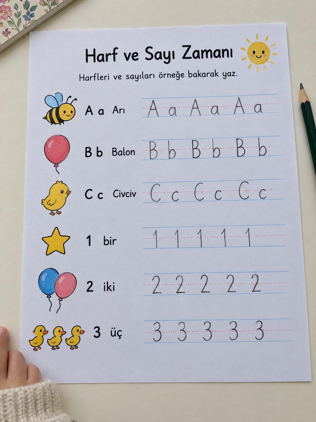Çalışma kâğıdında kurşun kalemle düzgün ve düzenli yazılmış kelimeler ve cümleler (örnek görsel)