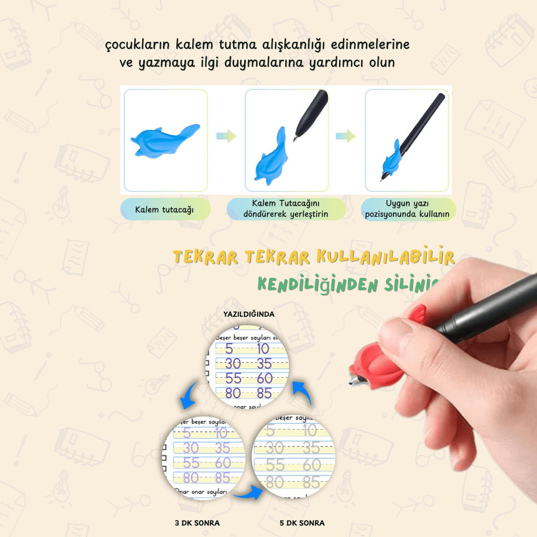 Hediye: sihirli kalem, yedek kalem içleri ve kalem tutma aparatı