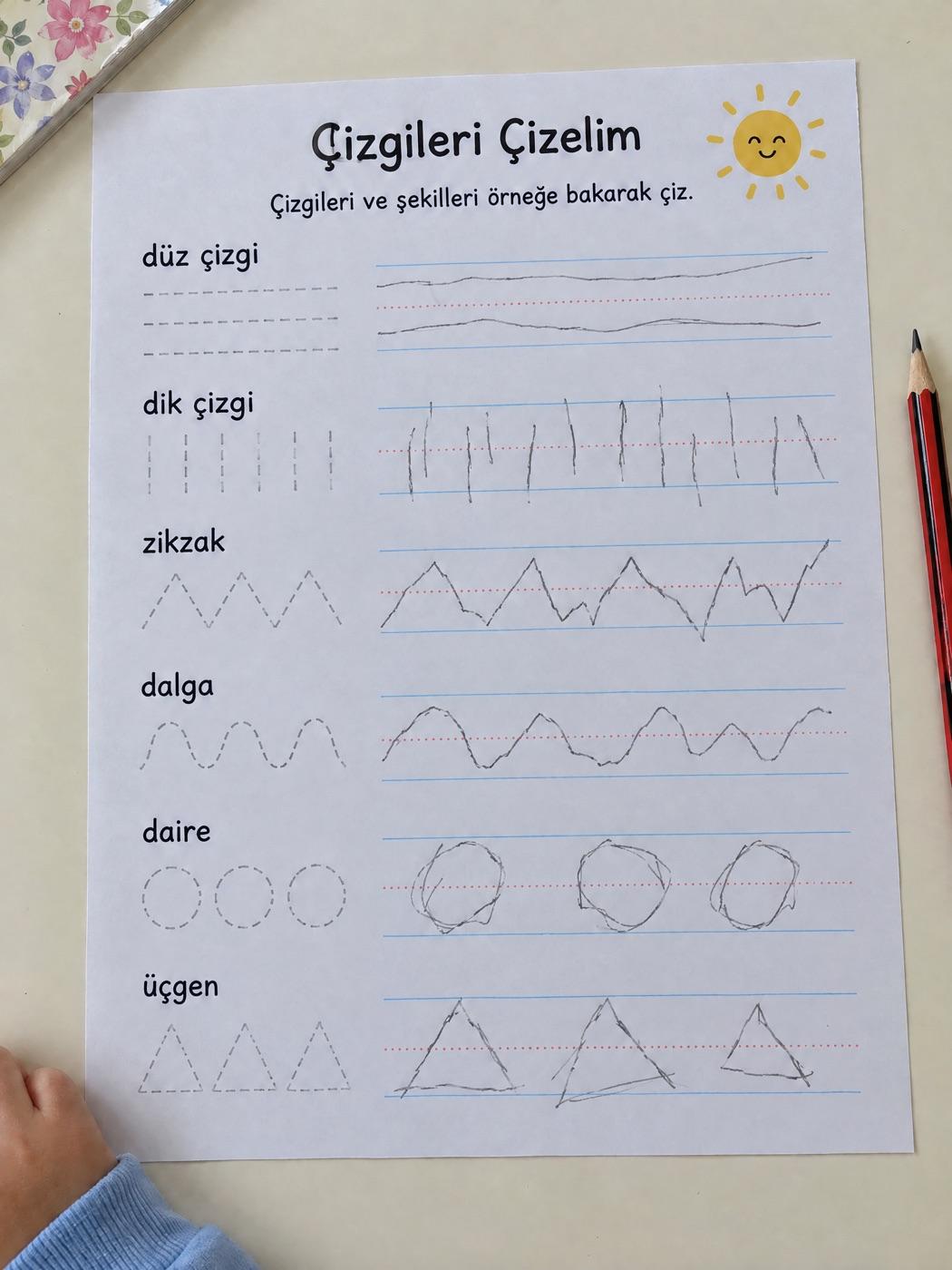 Aynı çalışma kâğıdında kelimelerin kurşun kalemle titrek ve dengesiz yazılmış hâli (örnek görsel)