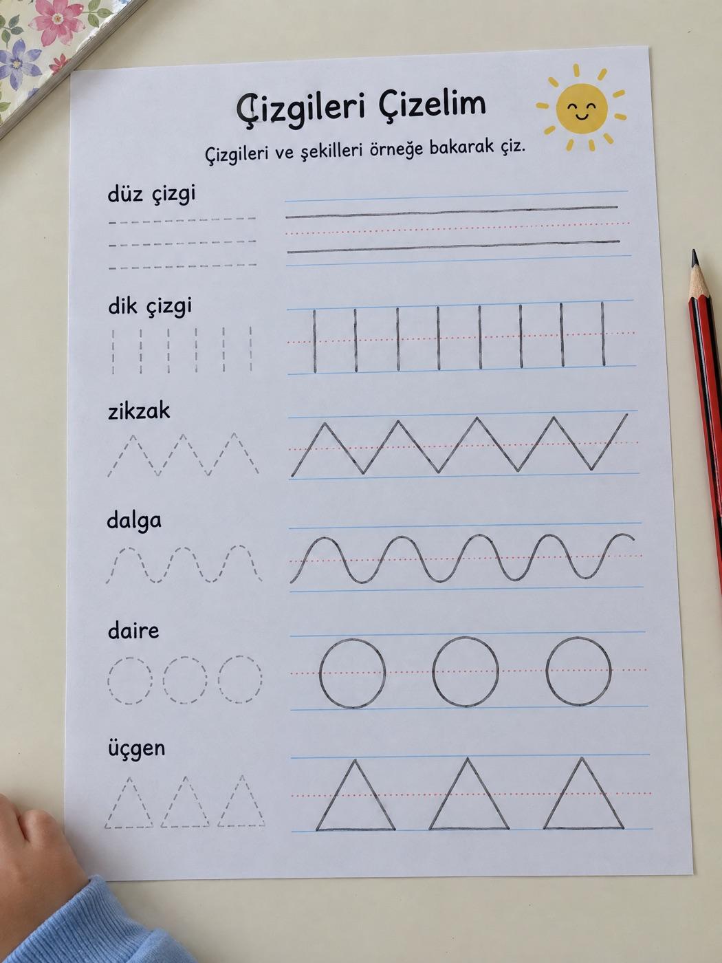Çalışma kâğıdında kurşun kalemle düzgün ve düzenli yazılmış kelimeler ve cümleler (örnek görsel)