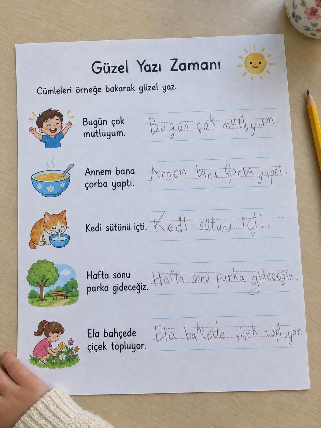 Aynı çalışma kâğıdında kelimelerin kurşun kalemle titrek ve dengesiz yazılmış hâli (örnek görsel)