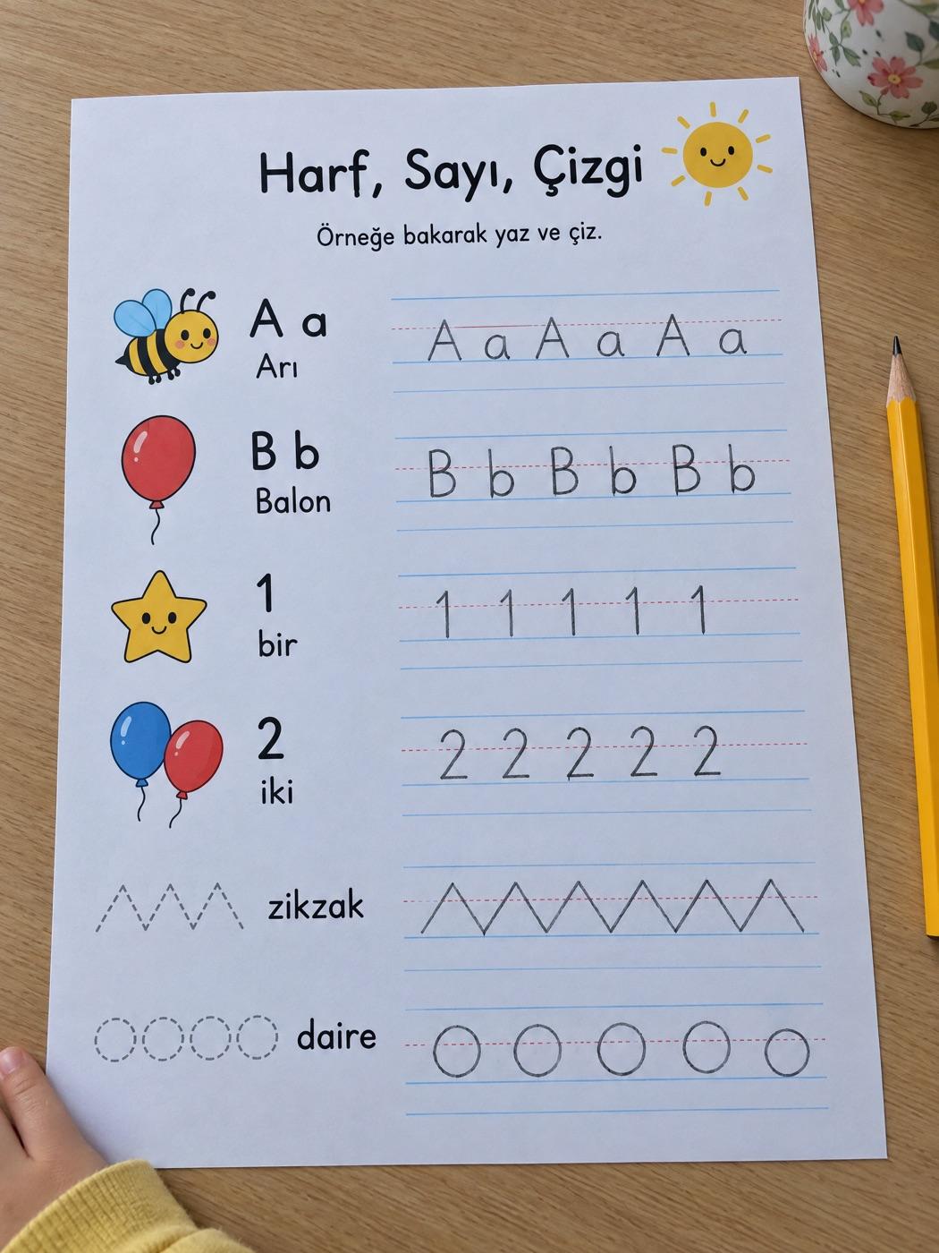 Çalışma kâğıdında kurşun kalemle düzgün ve düzenli yazılmış kelimeler ve cümleler (örnek görsel)