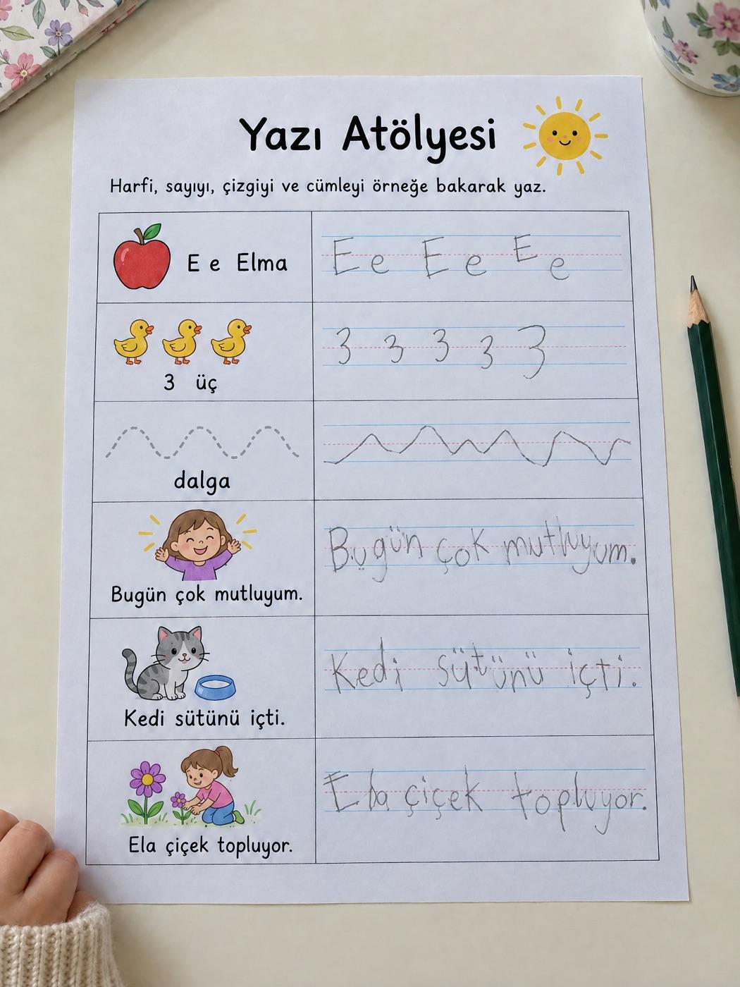 Aynı çalışma kâğıdında kelimelerin kurşun kalemle titrek ve dengesiz yazılmış hâli (örnek görsel)