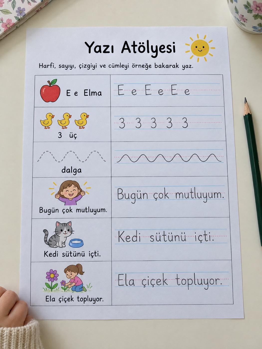 Çalışma kâğıdında kurşun kalemle düzgün ve düzenli yazılmış kelimeler ve cümleler (örnek görsel)